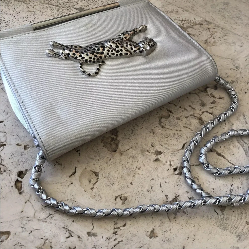 Nima Metal Cheetah Bag Silver Metallic Black Purse Cross Body Vintage 80s